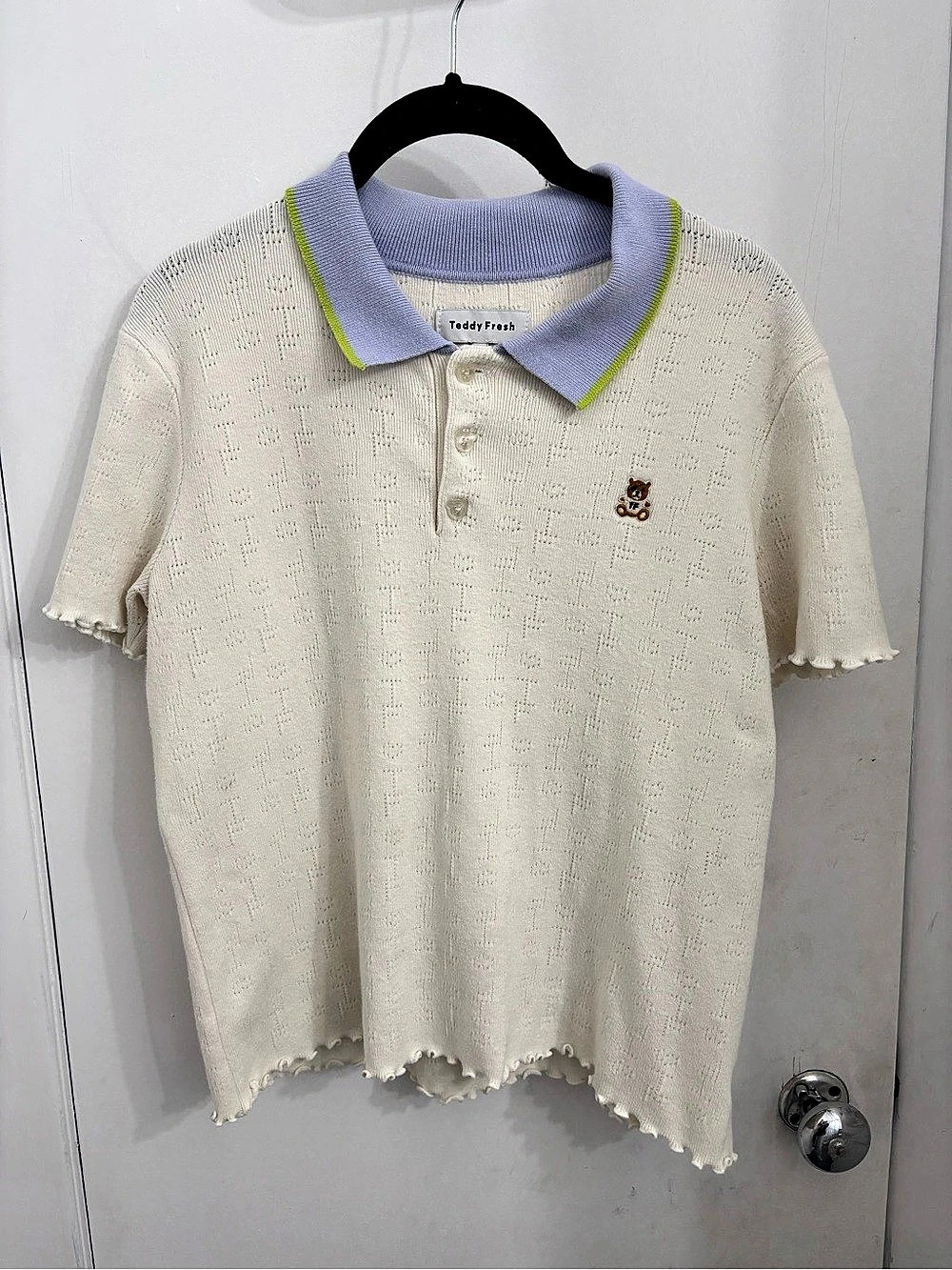 Teddy Fresh Knit Polo Top in Cream & Purple Size Small